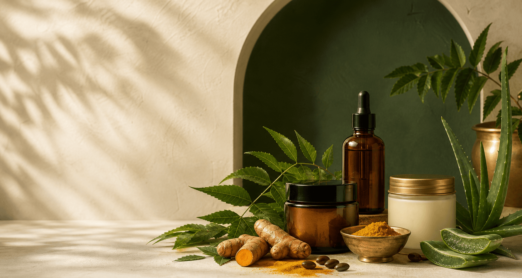 Herbal oils and natural ingredients arranged in warm morning light
